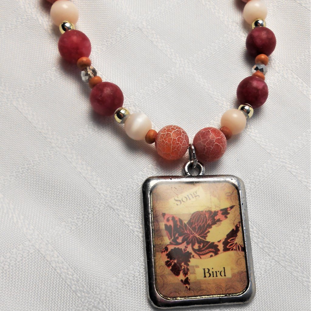 No1123 Beautiful Handmade Long Necklace With Silver Enameled Pendant & Earrings
